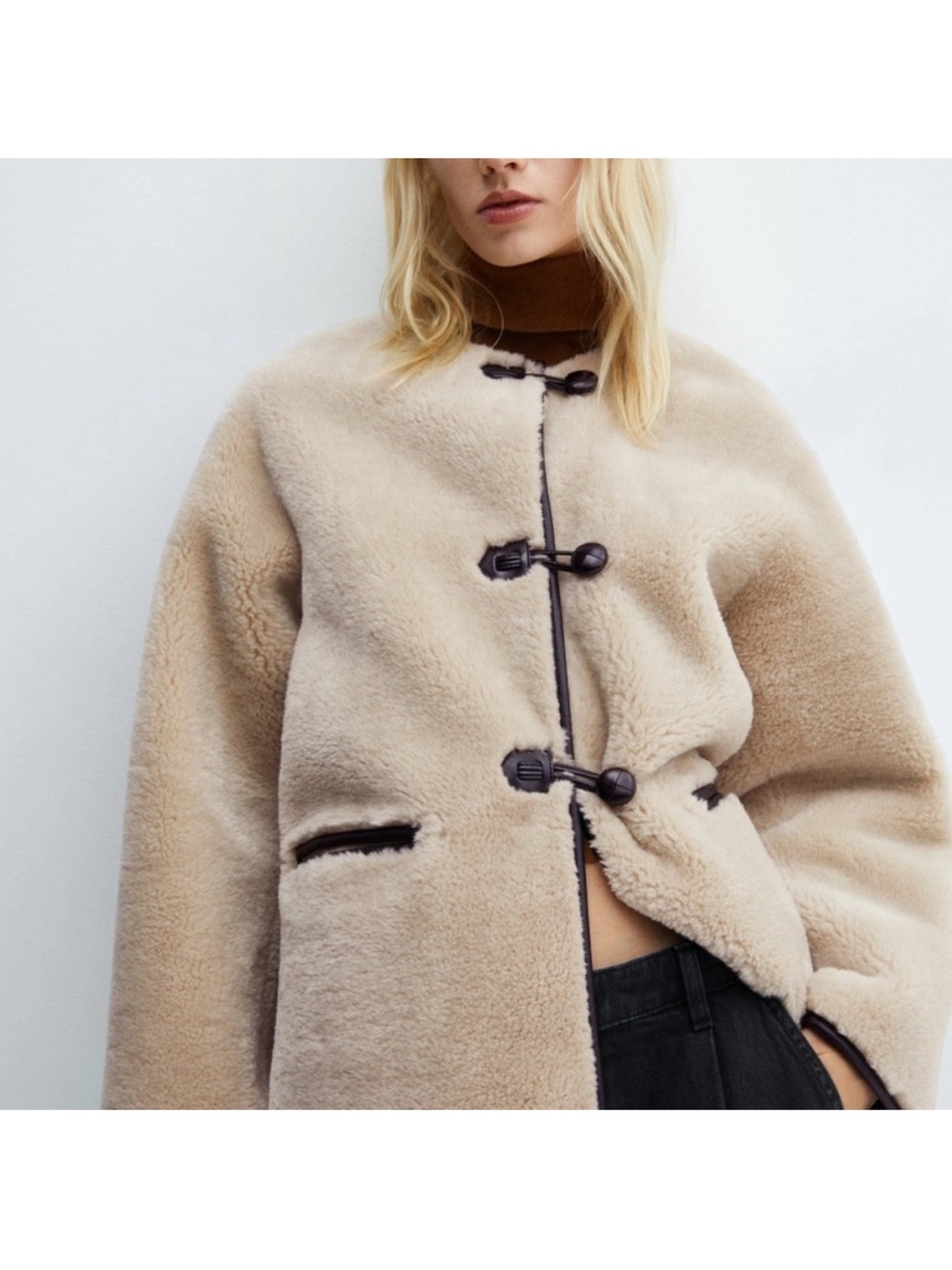 Mango Beige with Black Trim Shearling Toggle Jacket XS SEE DESCRIPTION - Picture 1 of 6